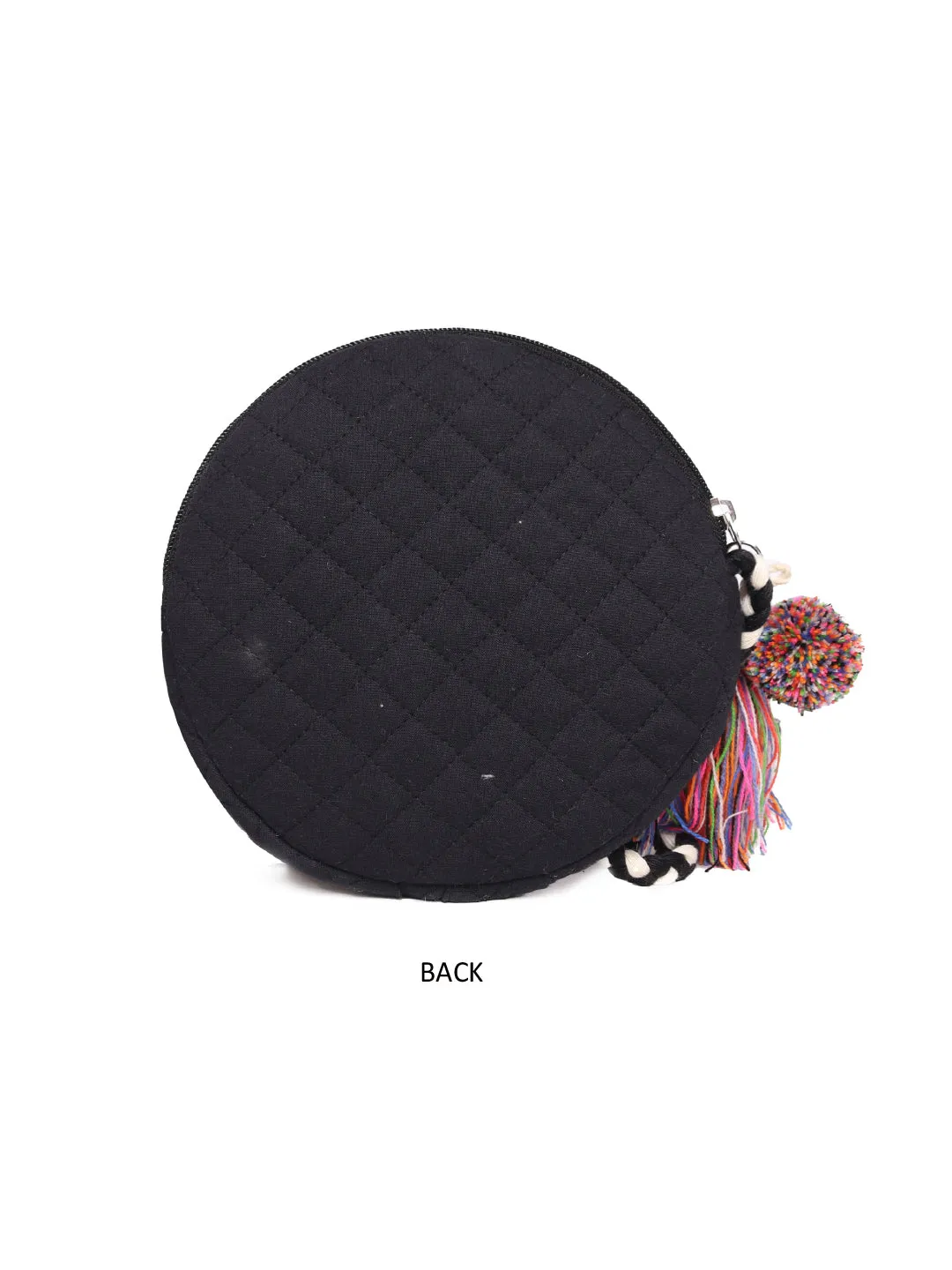 Black Color Cotton Quilted Round Womens Sling Bag Medium Size