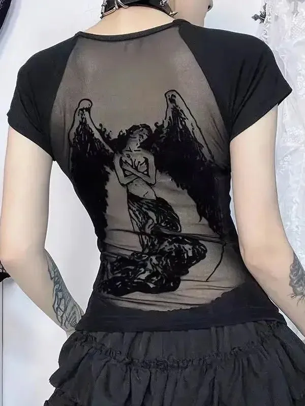 Black Goth Angel Print T-Shirt