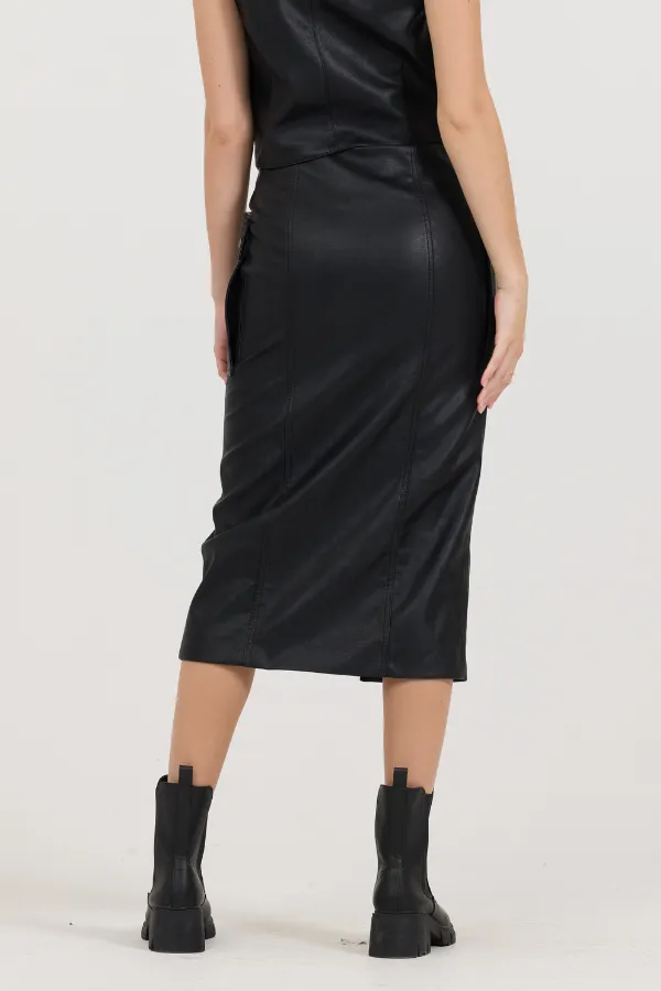 Black leather Zip Front Midi Skirt