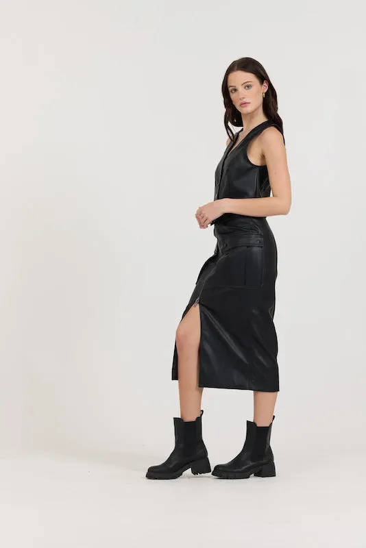 Black leather Zip Front Midi Skirt