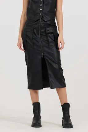 Black leather Zip Front Midi Skirt