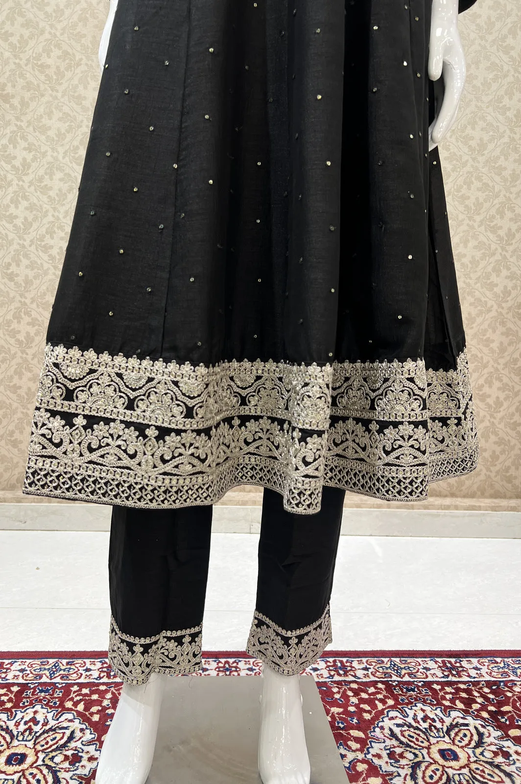 Black Sequins and Zari Thread work Anarkali Style Salwar Suit