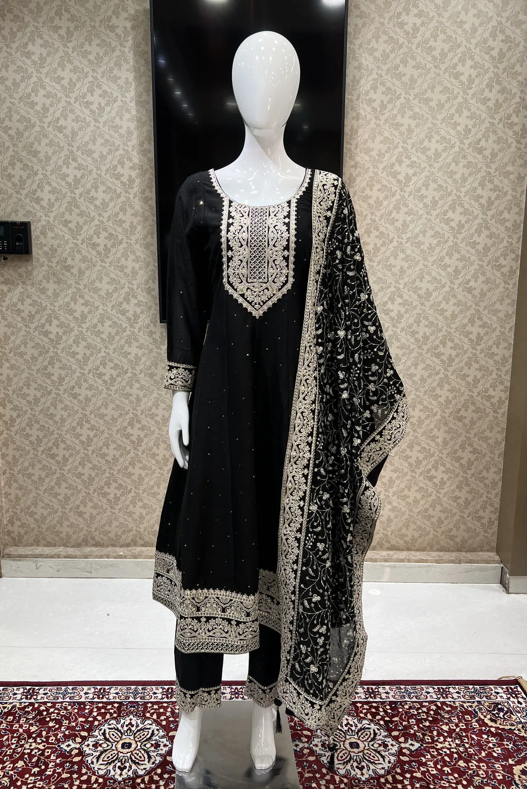 Black Sequins and Zari Thread work Anarkali Style Salwar Suit