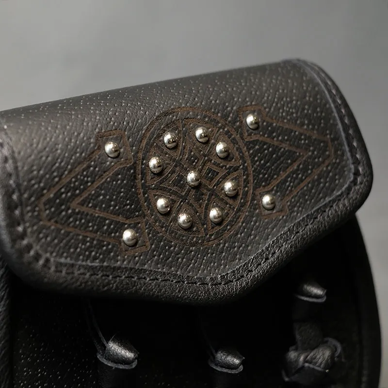 Black Studded Leather Day Sporran with Knotted Tassels