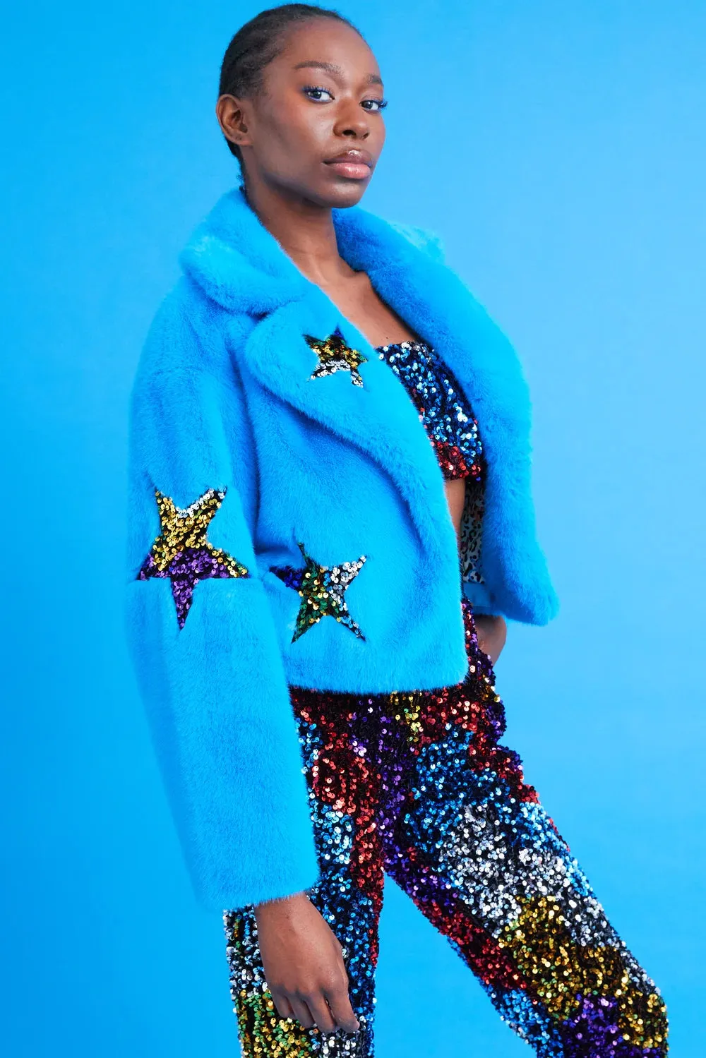 Blue Bamboo Faux Fur Sequins Star Jacket