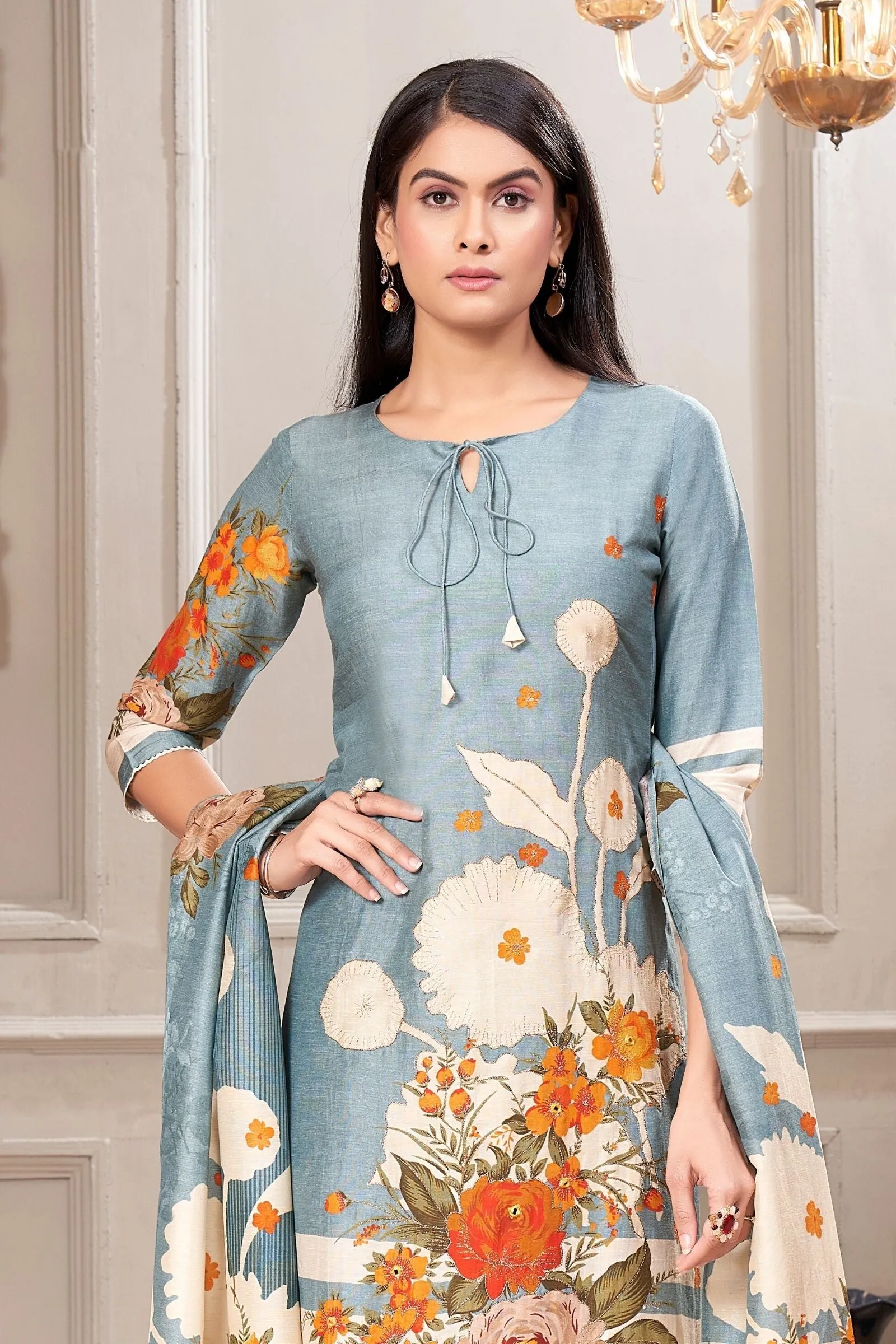 Blue Floral Print and Zari work Straight Cut Salwar Suit