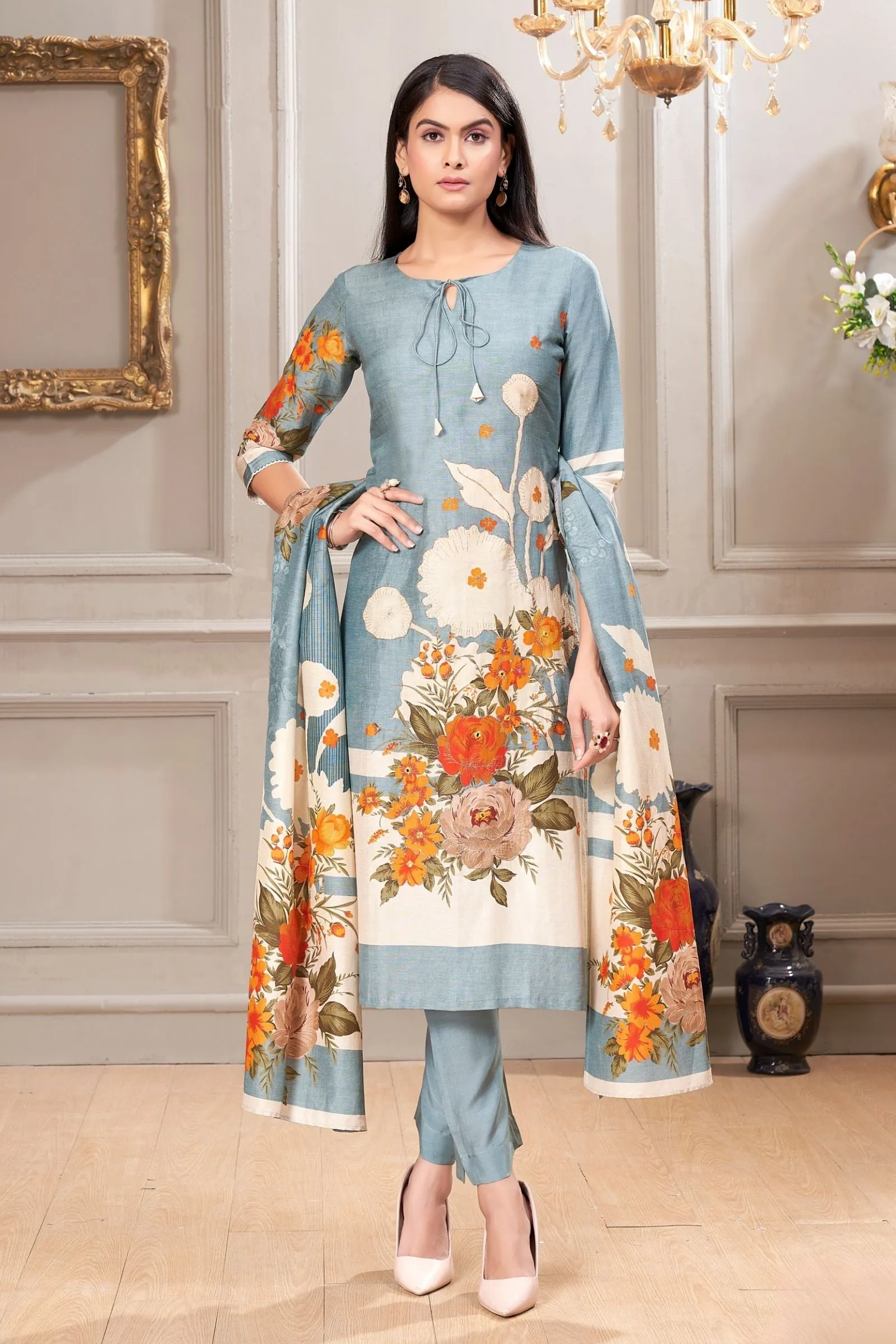 Blue Floral Print and Zari work Straight Cut Salwar Suit