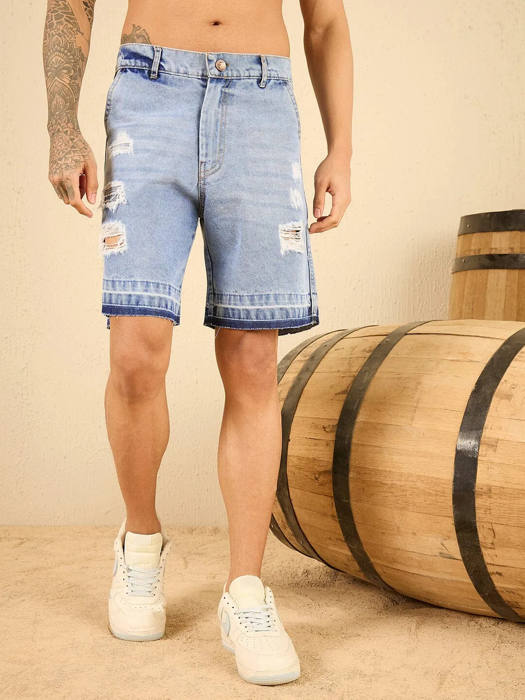 Blue Washed Raw Edge Hem Denim Shorts