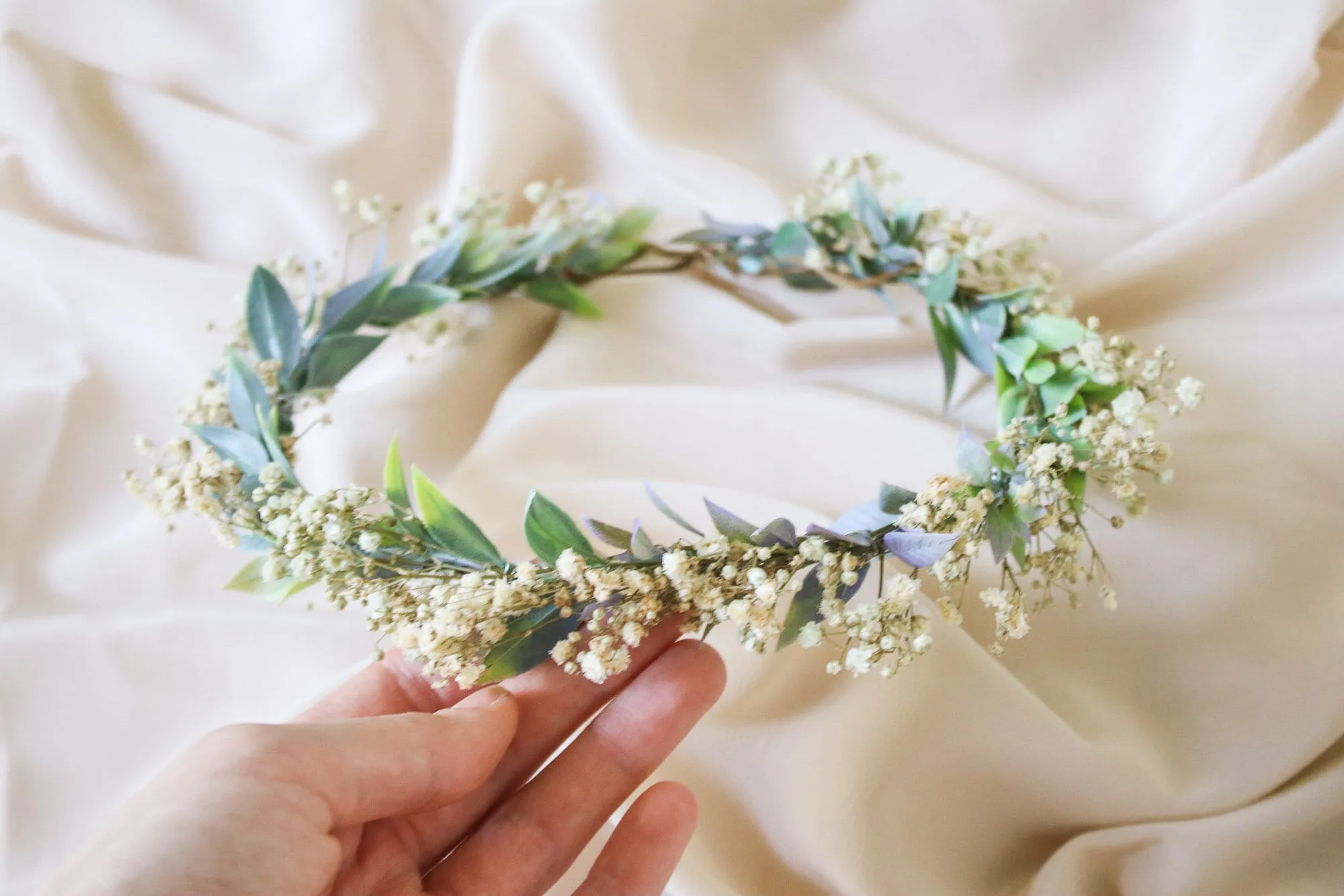 Boho Flower Wreath, Baby's Breath Flower Crown, Woodland Flower Crown, Rustic Forest Herbs, Boxwood Wedding Crown, Bride Crown, Green Crown