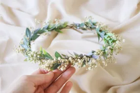 Boho Flower Wreath, Baby's Breath Flower Crown, Woodland Flower Crown, Rustic Forest Herbs, Boxwood Wedding Crown, Bride Crown, Green Crown