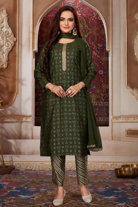 Bottle Green Digital Print, Zardozi and Mirror work with Bandini Block Print Straight Cut Salwar Suit