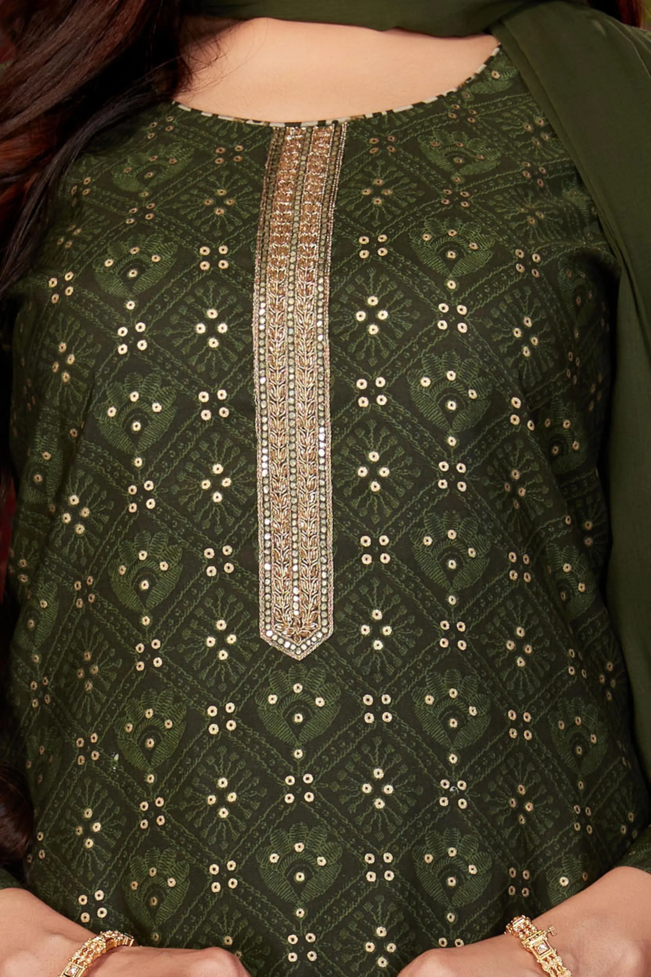 Bottle Green Digital Print, Zardozi and Mirror work with Bandini Block Print Straight Cut Salwar Suit