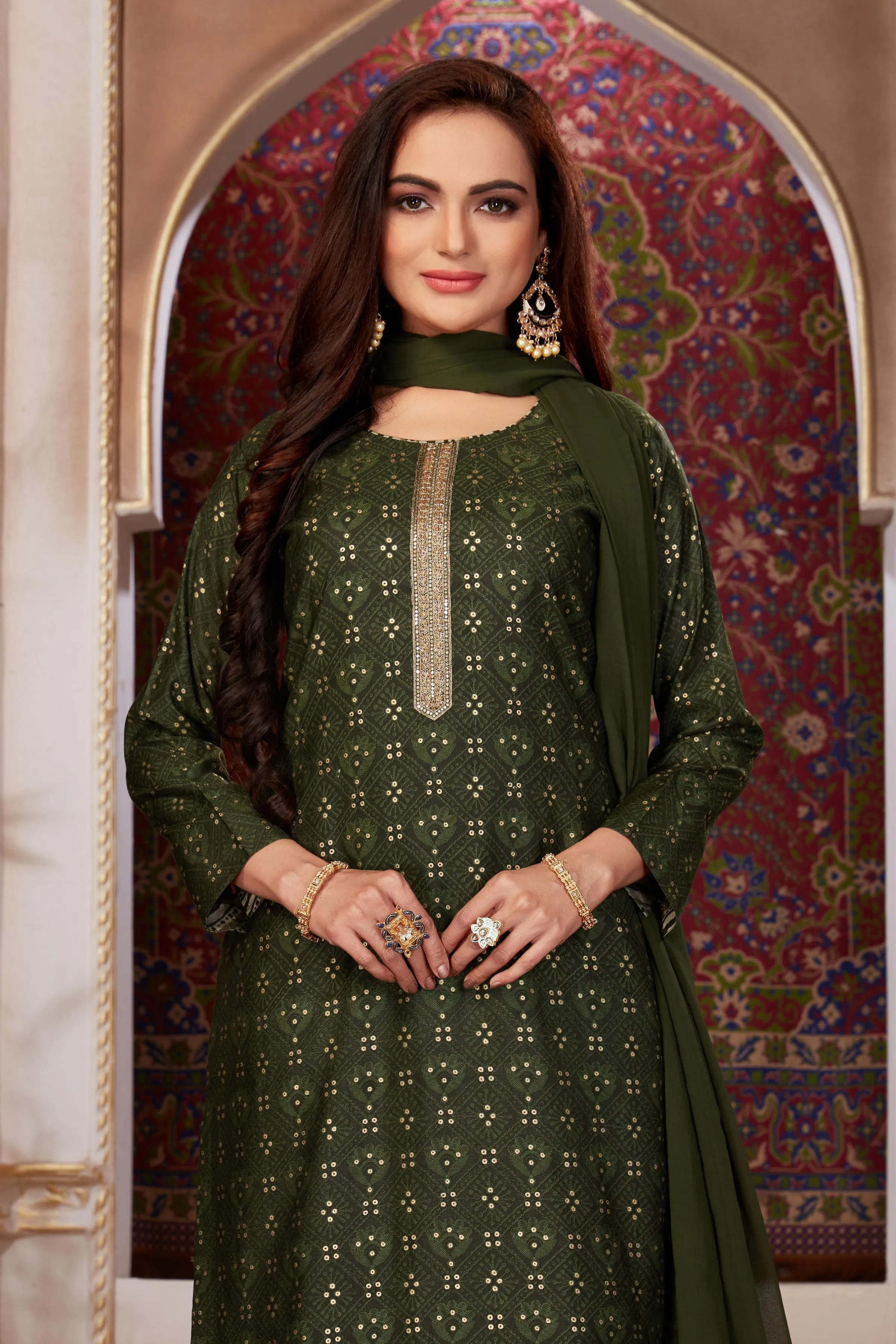 Bottle Green Digital Print, Zardozi and Mirror work with Bandini Block Print Straight Cut Salwar Suit