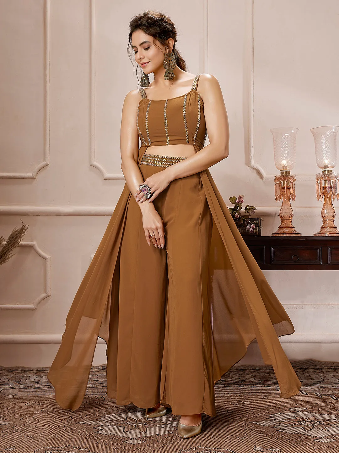 Brown Georgette Embellished Flared Co-Ord Set