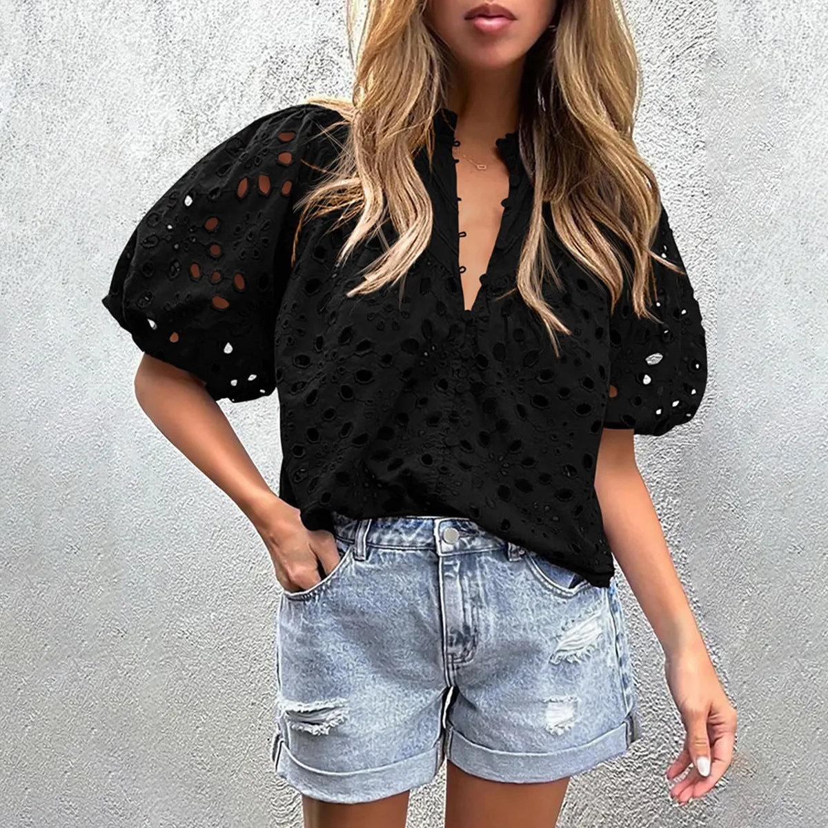 Bubble Sleeve Embroidered Shirts Wholesale Womens Clothing N3824060600056