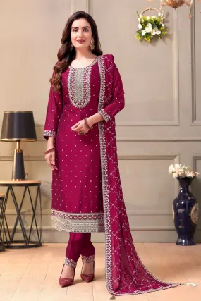 Burgundy Silver Zari, Thread and Sequins work Straight Cut Salwar Suit