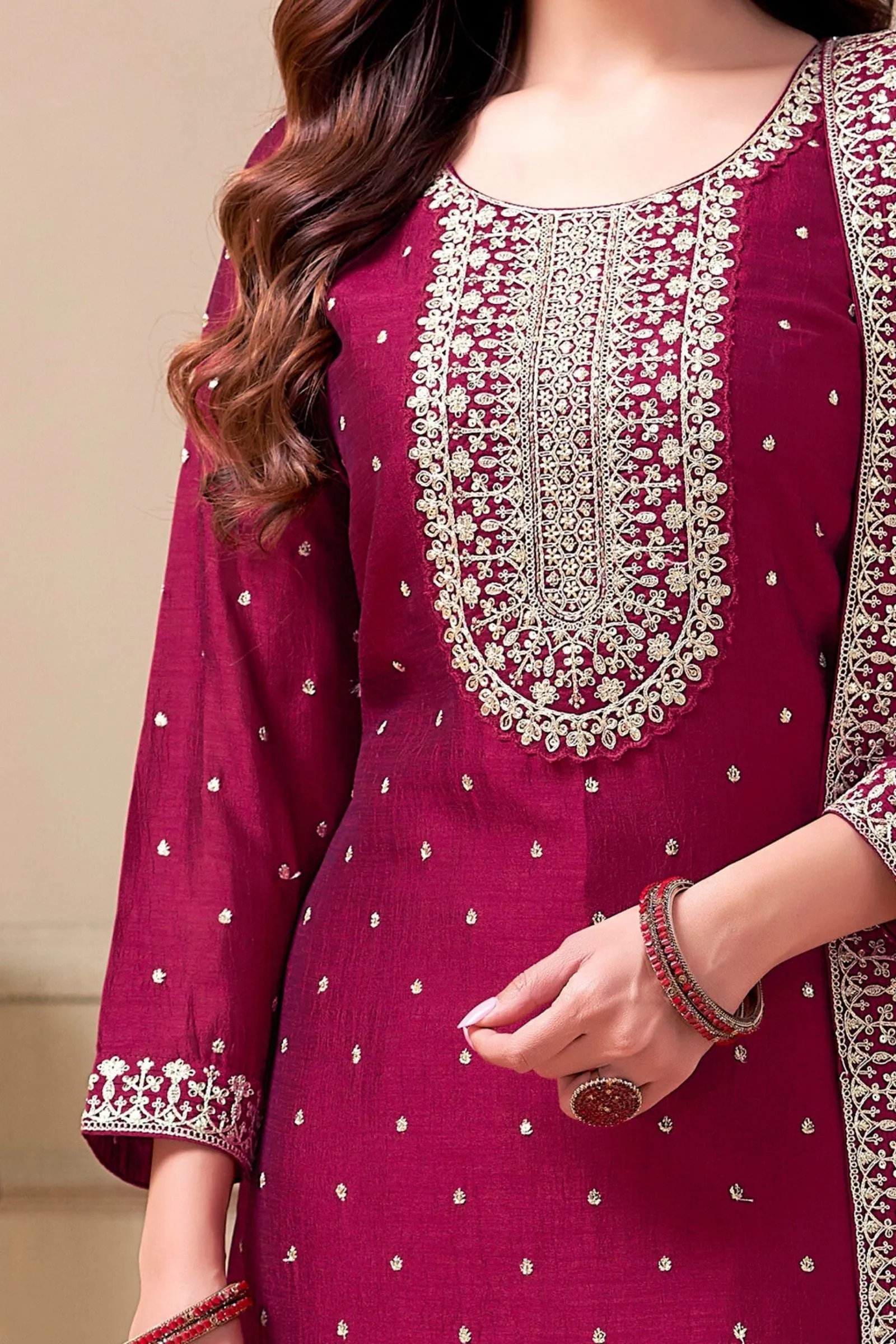 Burgundy Silver Zari, Thread and Sequins work Straight Cut Salwar Suit