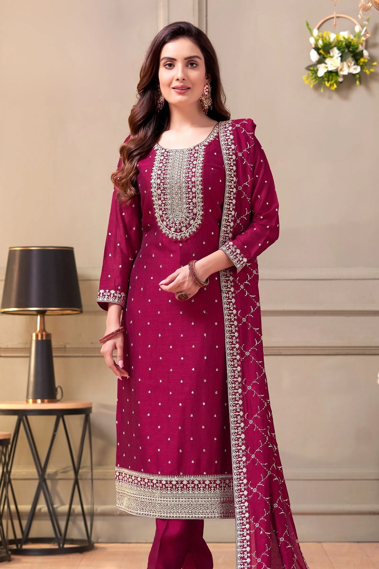 Burgundy Silver Zari, Thread and Sequins work Straight Cut Salwar Suit