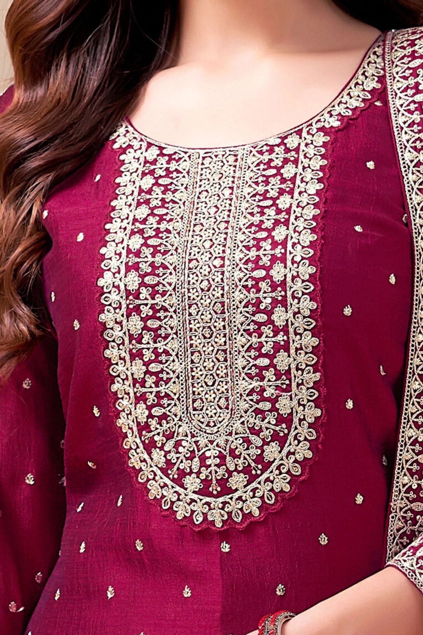 Burgundy Silver Zari, Thread and Sequins work Straight Cut Salwar Suit