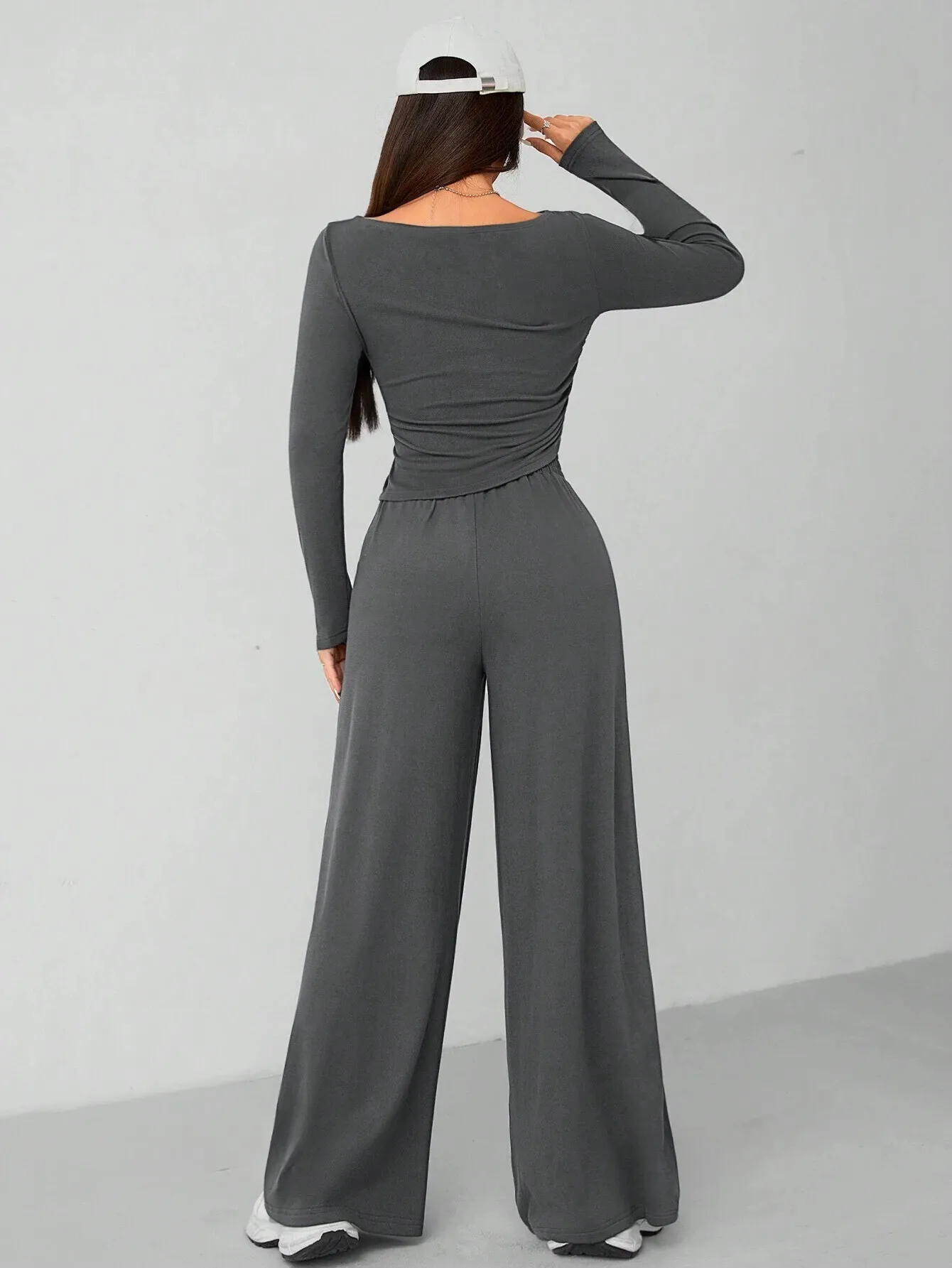 CASUAL 2PCS KNITTED SLIM TOP & WIDE LEG PANTS