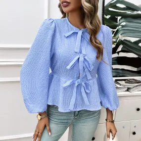 Casual Bubble Sleeve Round Neck Loose Long Sleeve Shirts Wholesale Womens Clothing N3824072300006