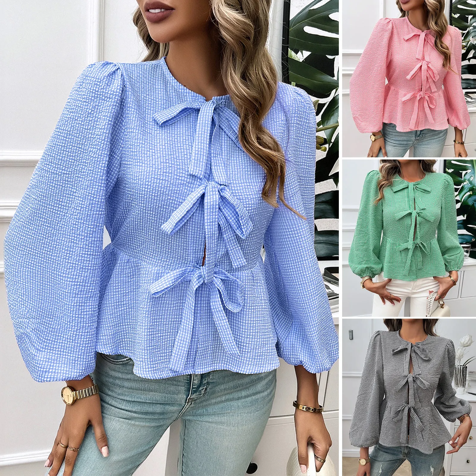 Casual Bubble Sleeve Round Neck Loose Long Sleeve Shirts Wholesale Womens Clothing N3824072300006