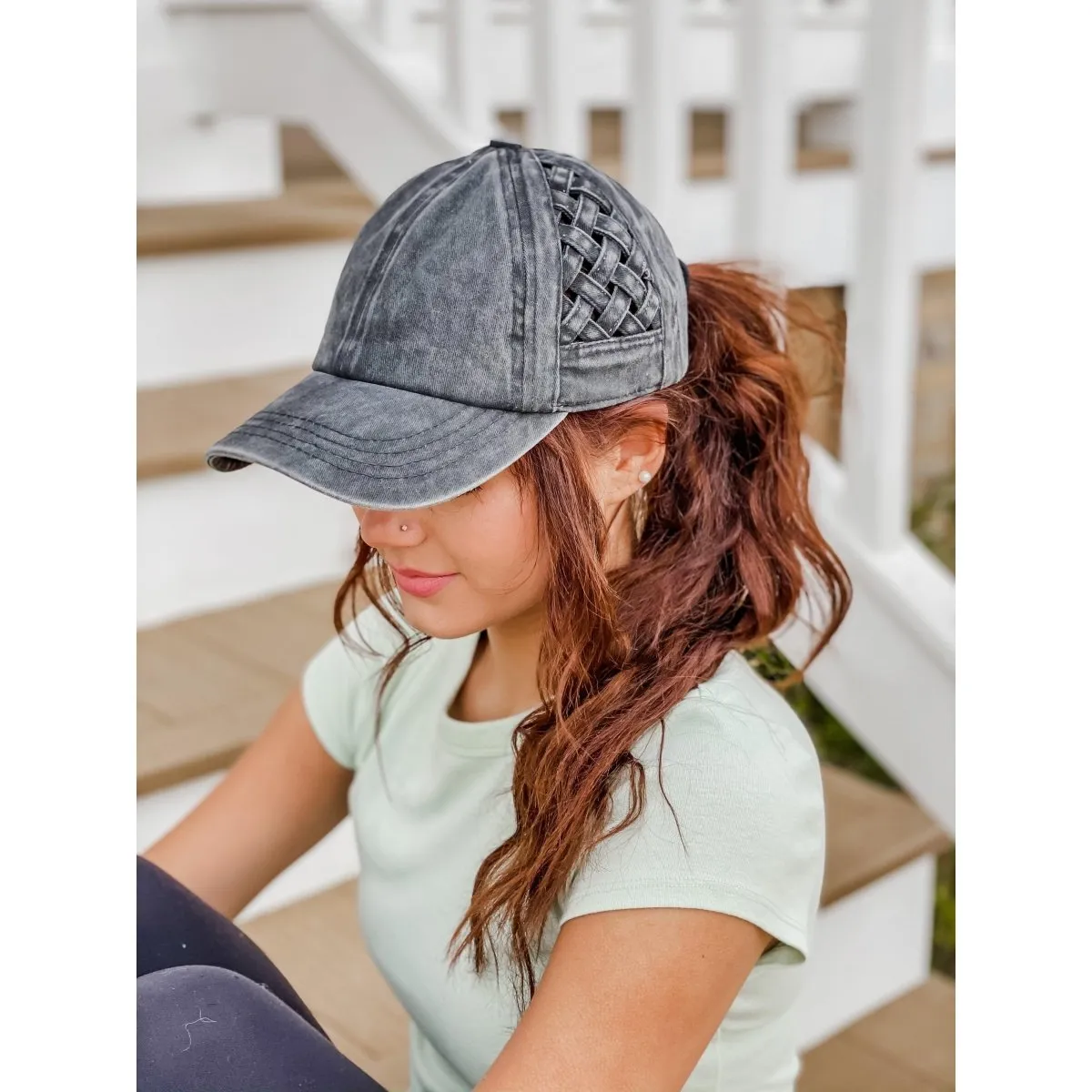 CC Beanie Basket Weave Crisscross High Ponytail Ladies Cap