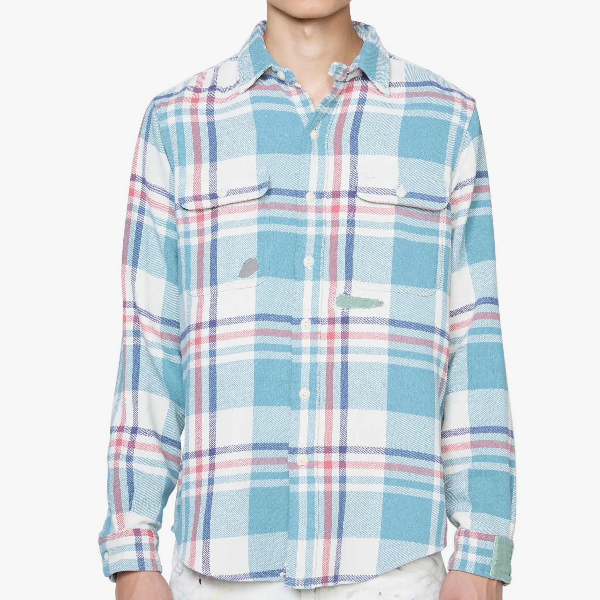 Classic Fit Distressed Plaid Shirt 6086 Cream | Seafoam Multi