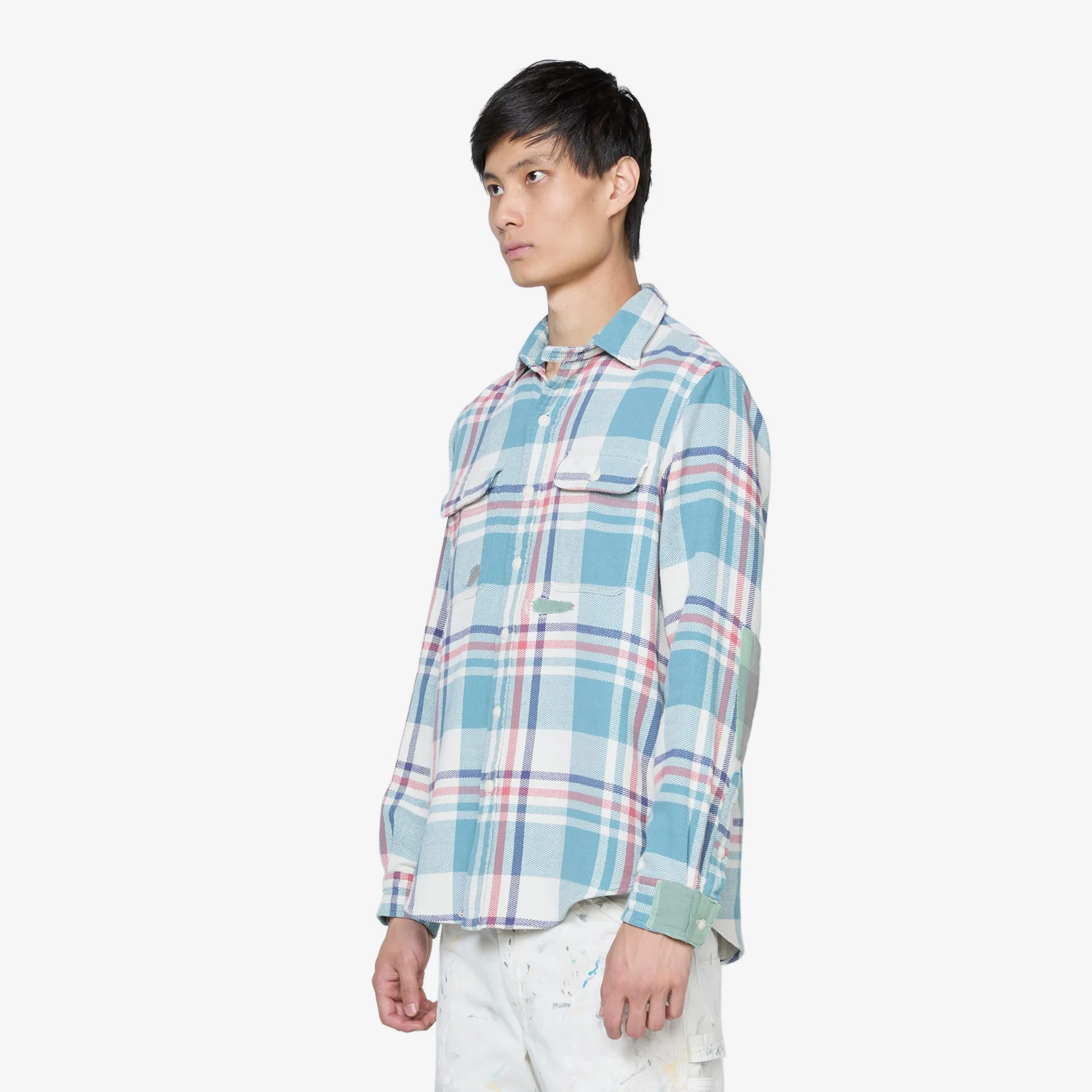 Classic Fit Distressed Plaid Shirt 6086 Cream | Seafoam Multi