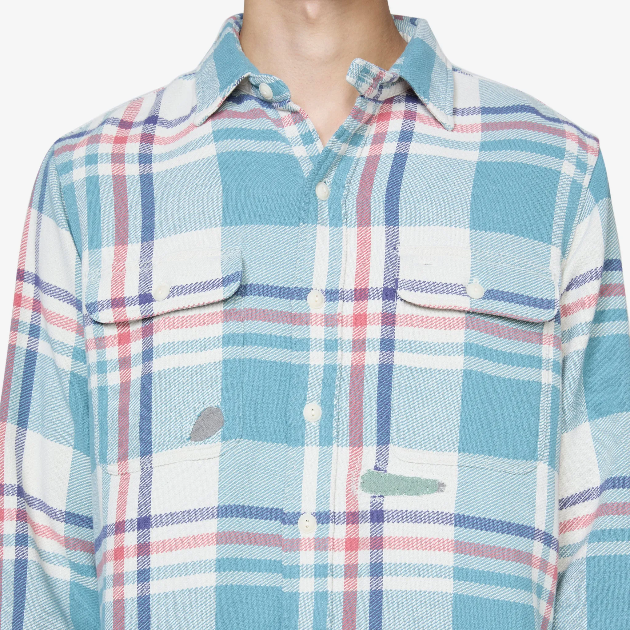 Classic Fit Distressed Plaid Shirt 6086 Cream | Seafoam Multi