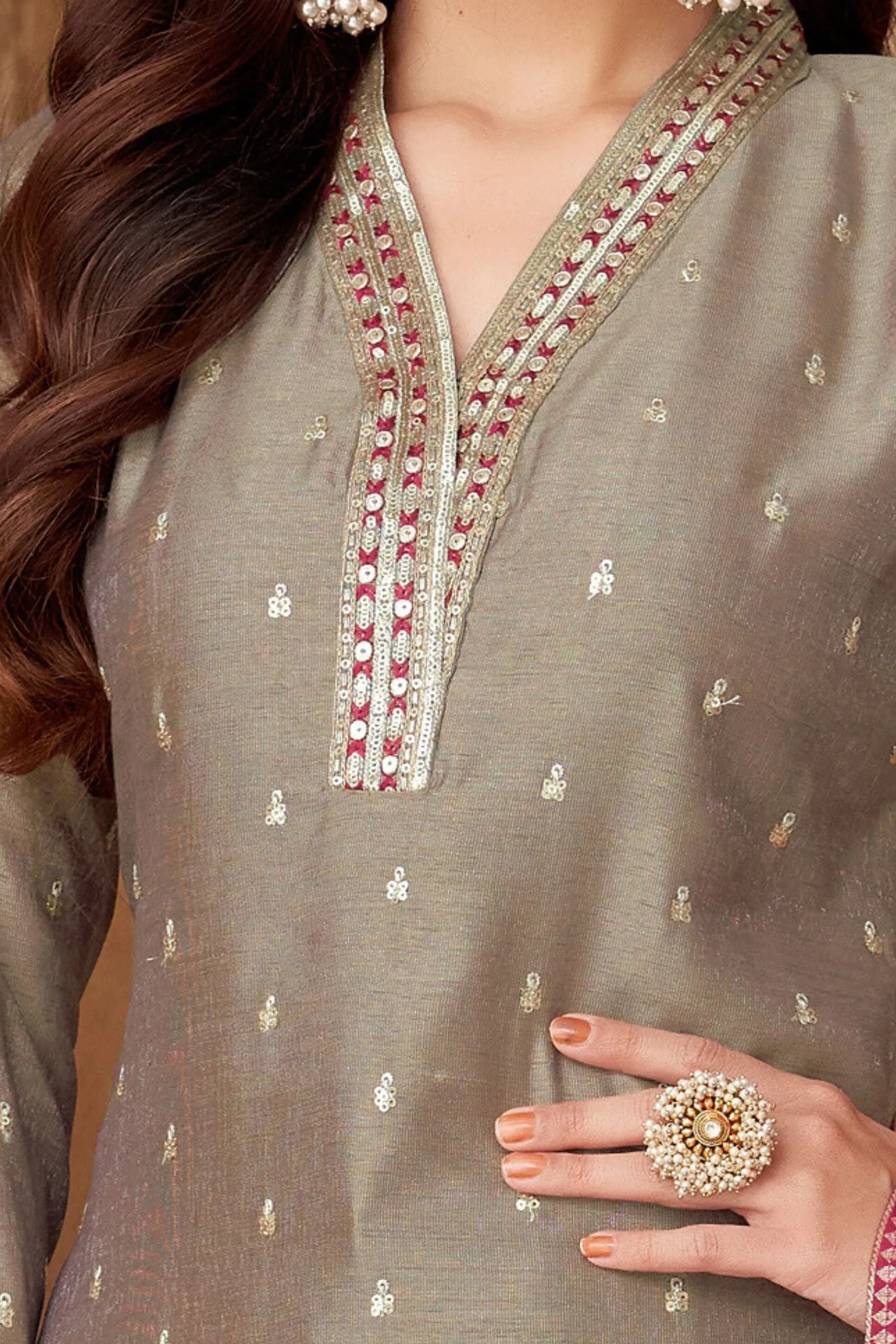 Copper Sequins, Thread and Zari work Straight Cut Salwar Suit with Digital Print Dupatta