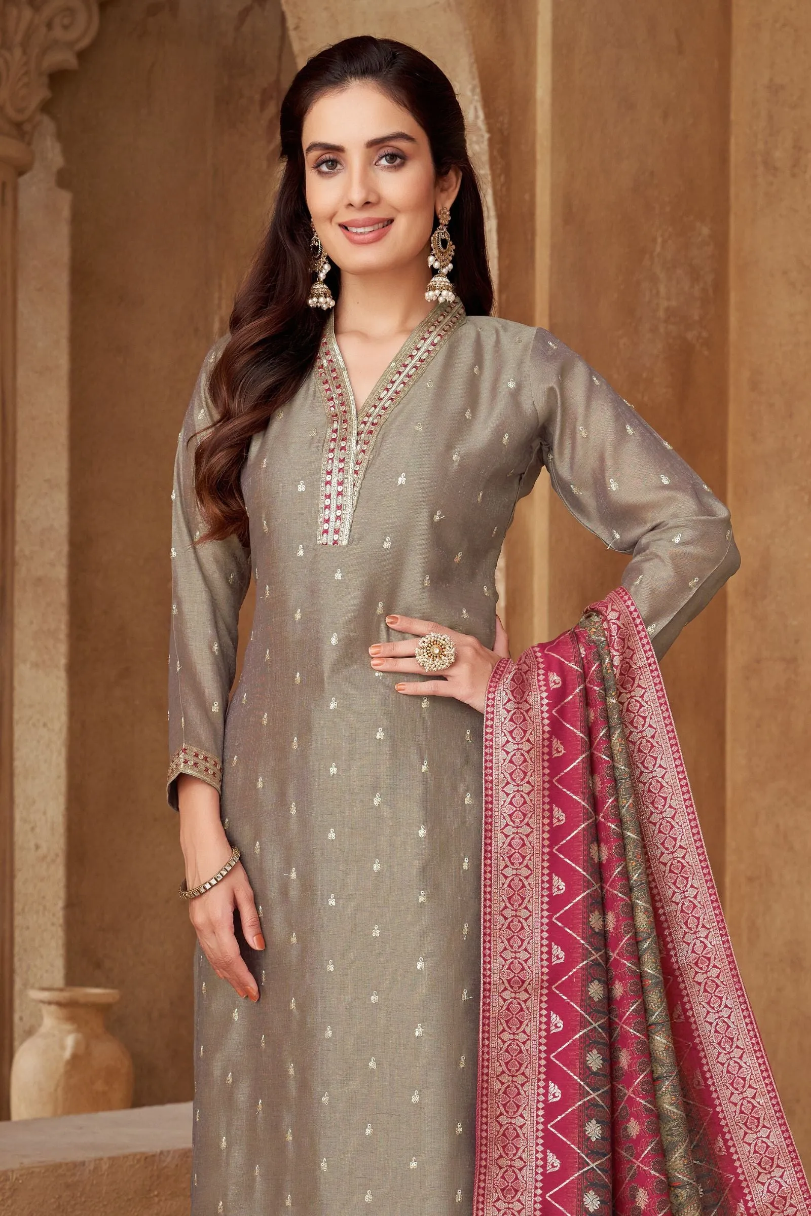 Copper Sequins, Thread and Zari work Straight Cut Salwar Suit with Digital Print Dupatta