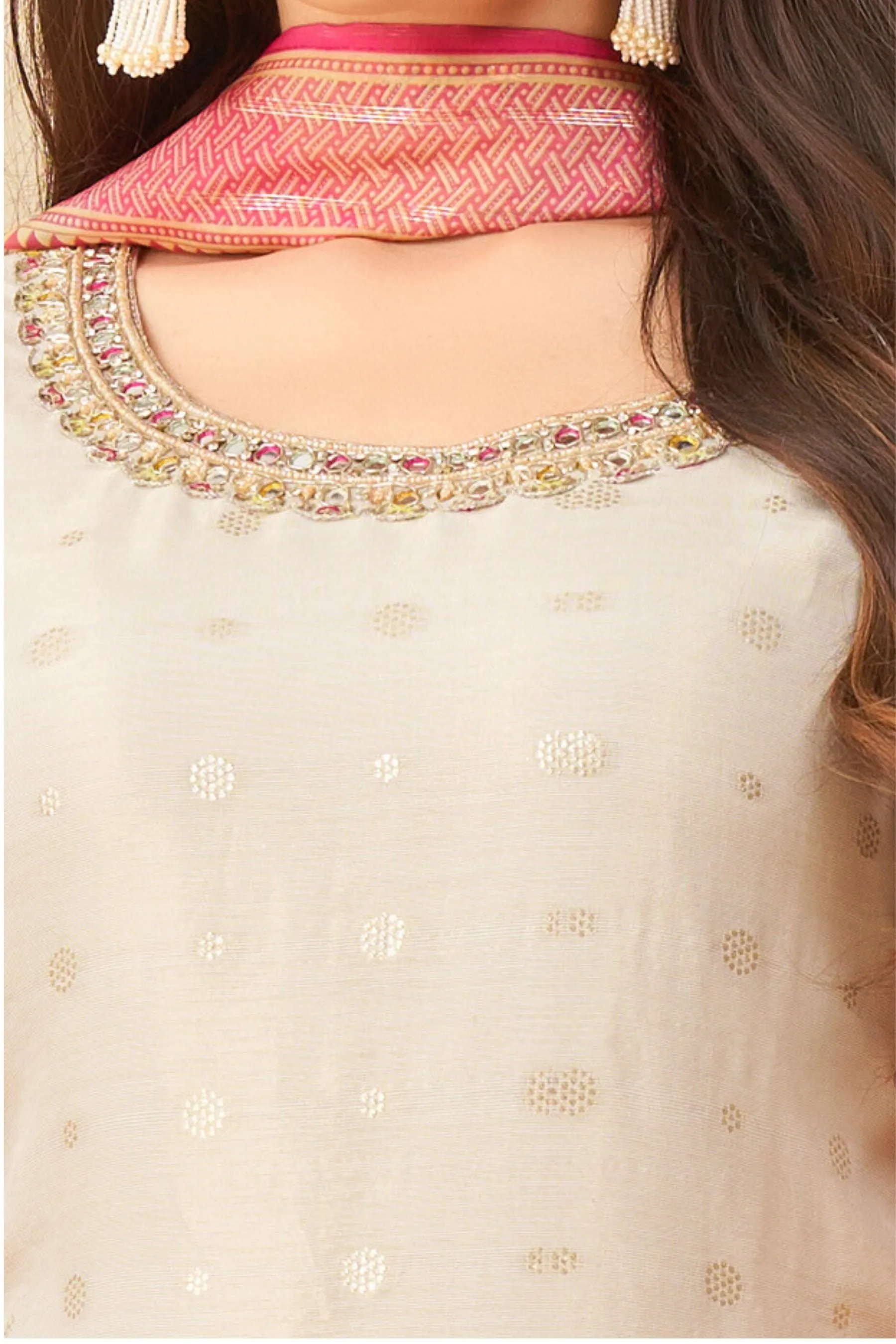 Cream Banaras, Mirror, Zardozi, Beads and Sequins work Straight Cut Salwar Suit