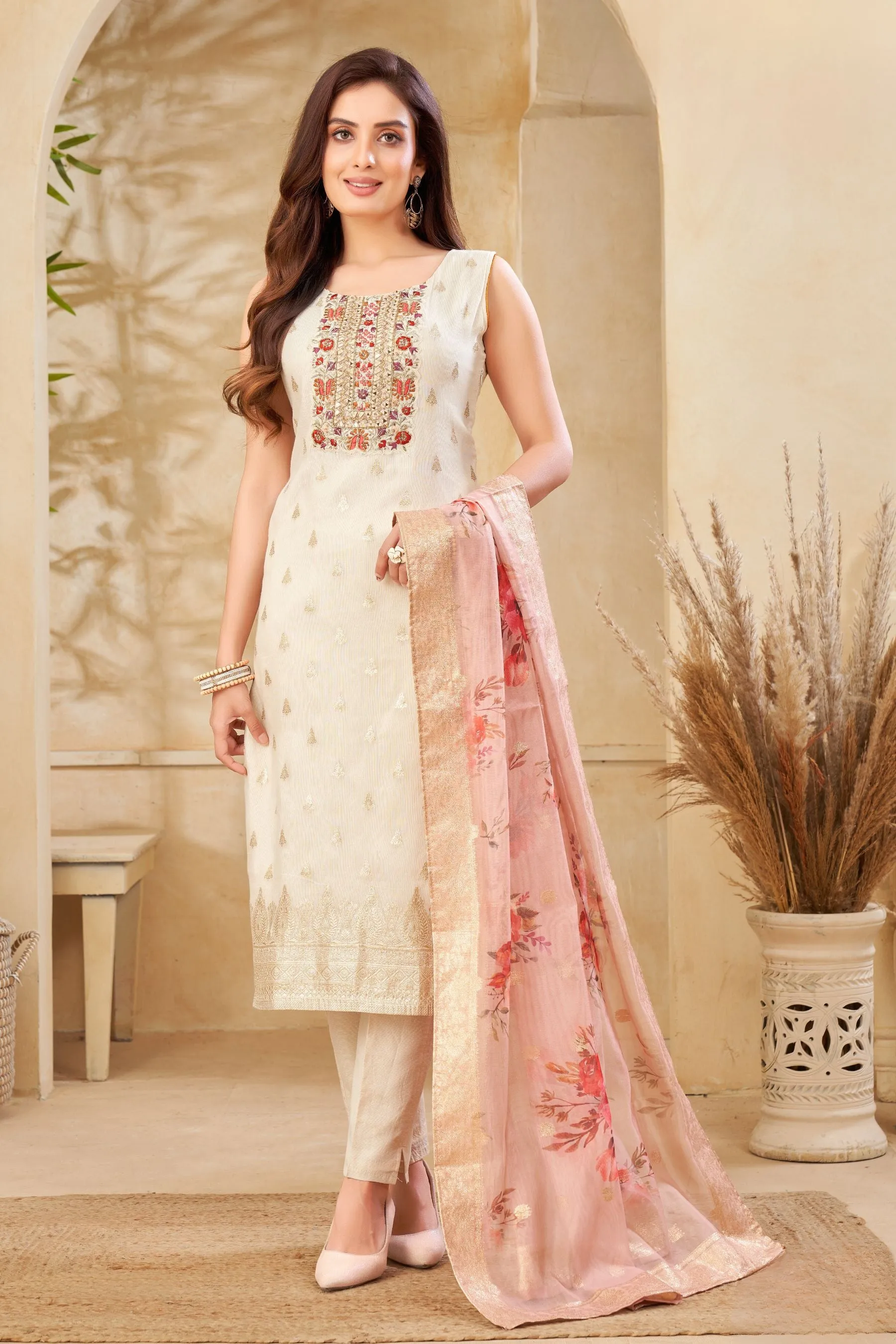 Cream Banaras, Multicolor Embroidery, Zari and Stone work Straight Cut Salwar Suit