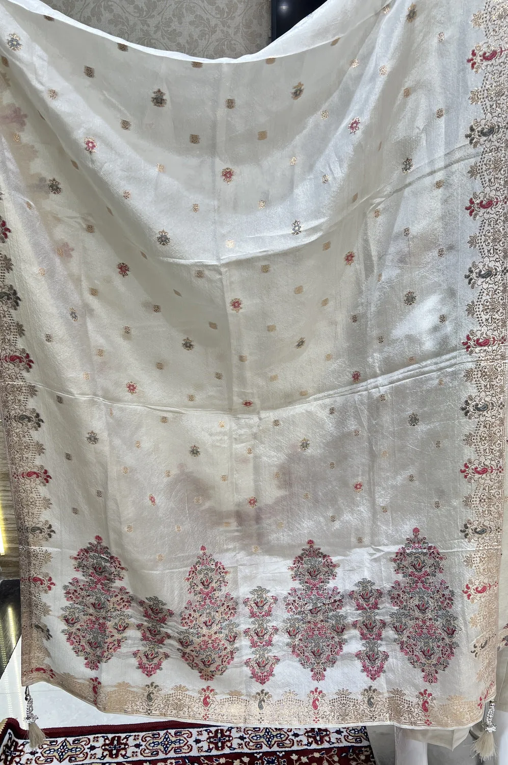 Cream Banaras, Zardozi, Sequins and Stone work Straight Cut Salwar Suit