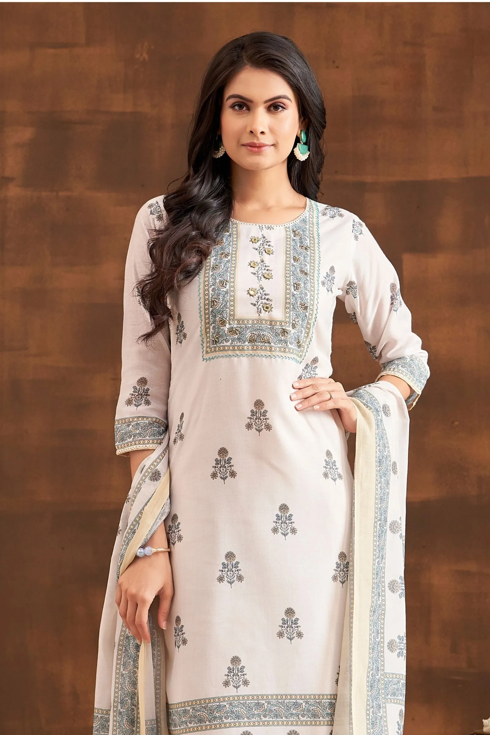 Cream Beads and Thread work with Digital Print Straight Cut Salwar Suit