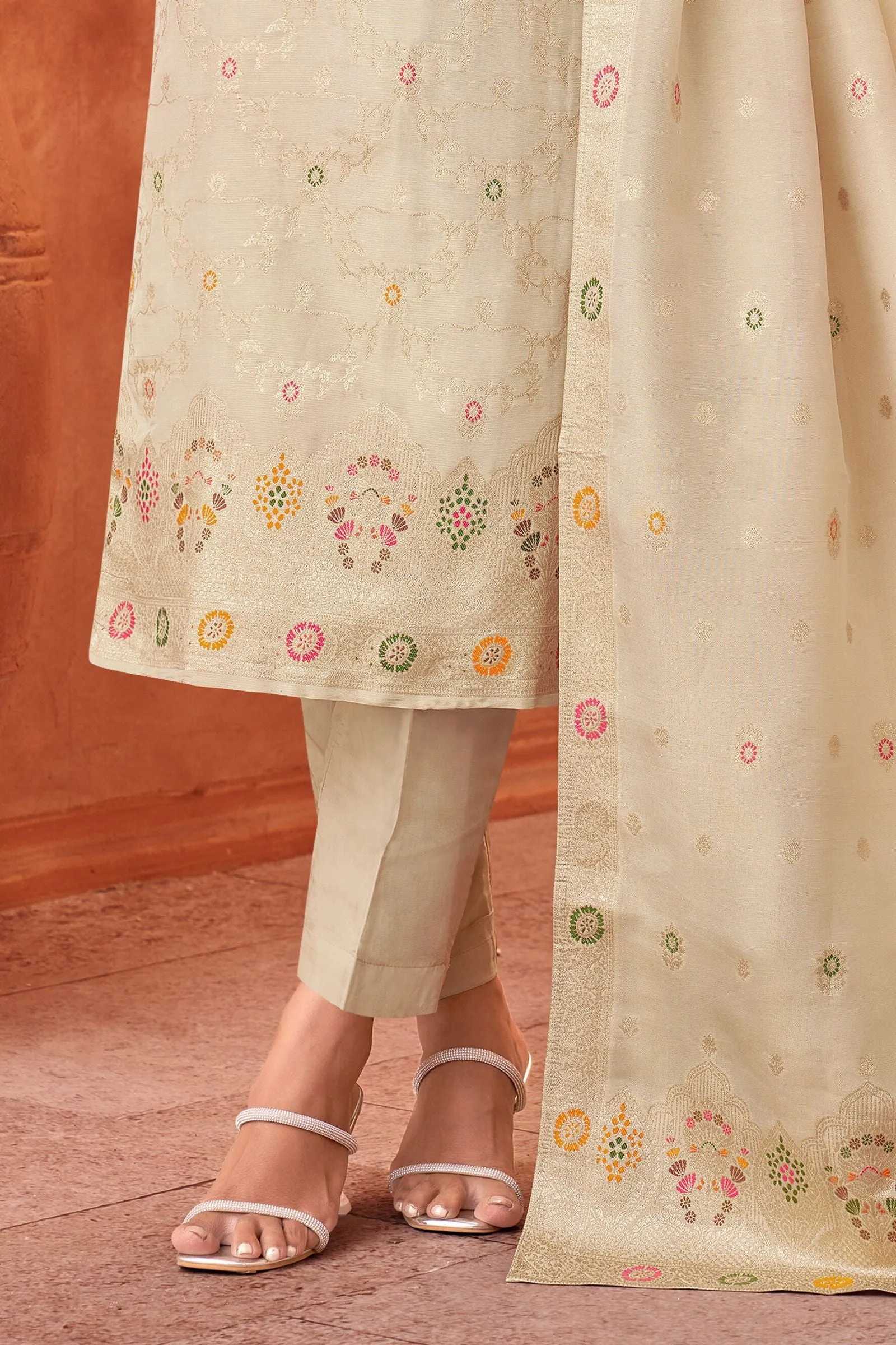 Cream Beads, Thread and Banaras work Straight Cut Salwar Suit