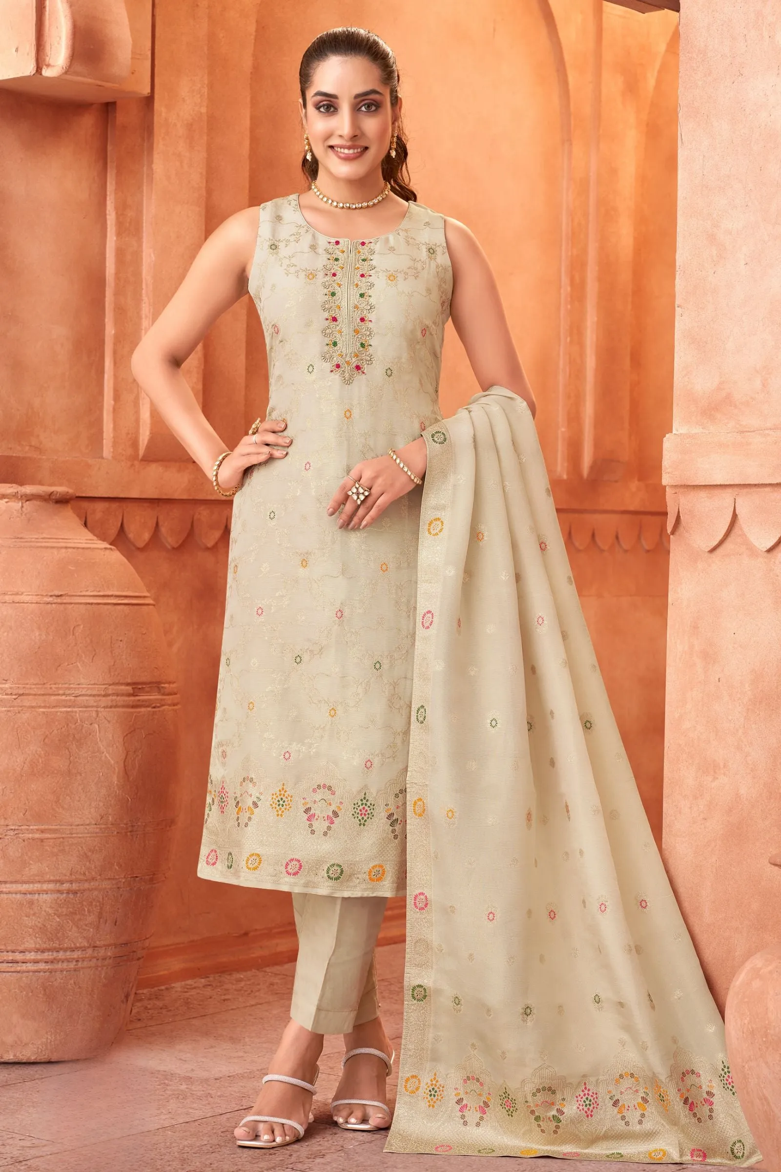 Cream Beads, Thread and Banaras work Straight Cut Salwar Suit