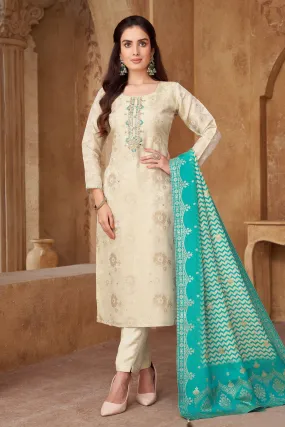 Cream Zardozi, Thread, Mirror and Banaras work Straight Cut Salwar Suit