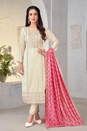 Cream Zari, Thread and Sequins work Straight Cut Salwar Suit