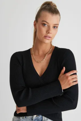 Criss-Cross Black Wrap Rib Knit Top