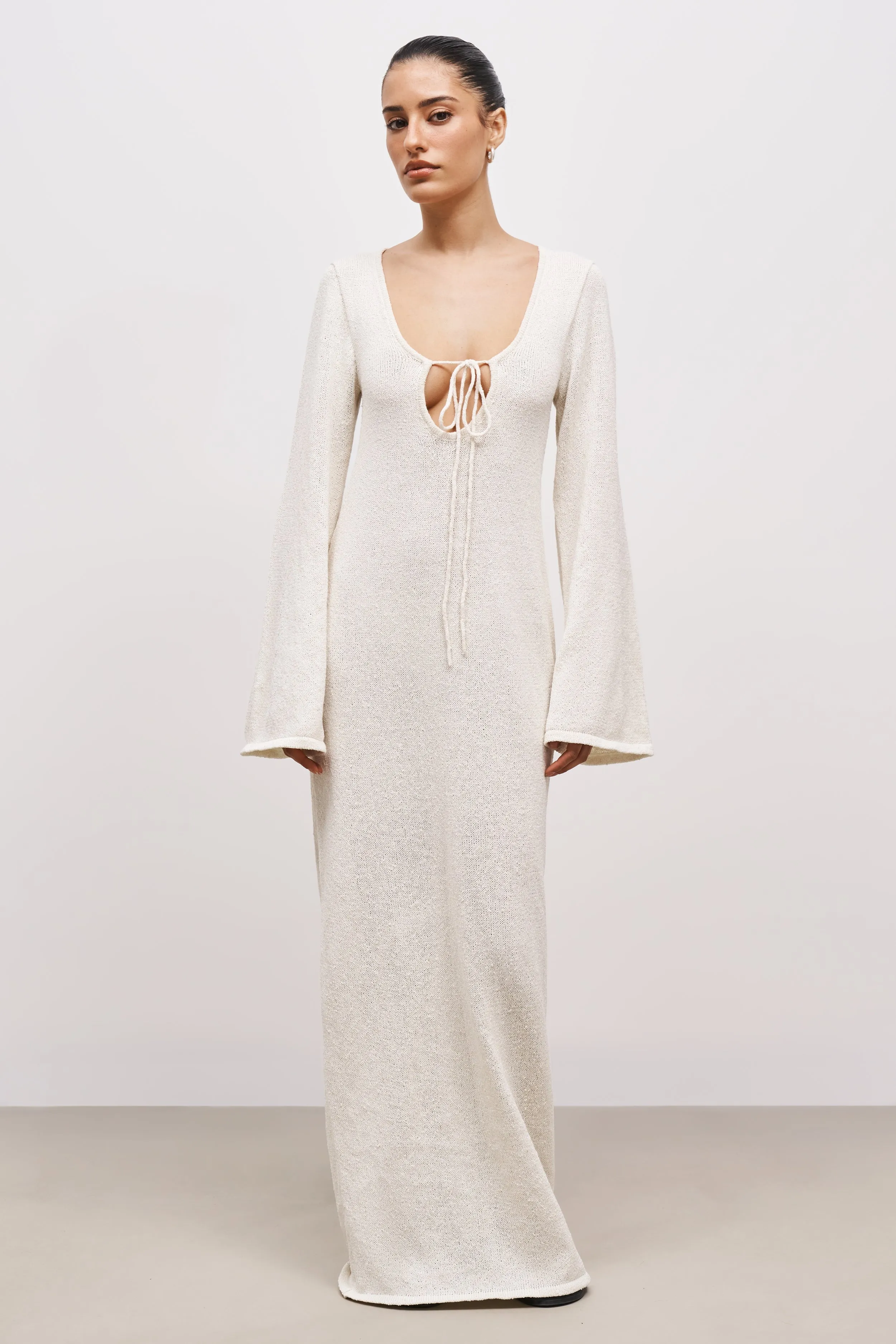 Crochet Knit Long Sleeve Maxi Dress - Cream