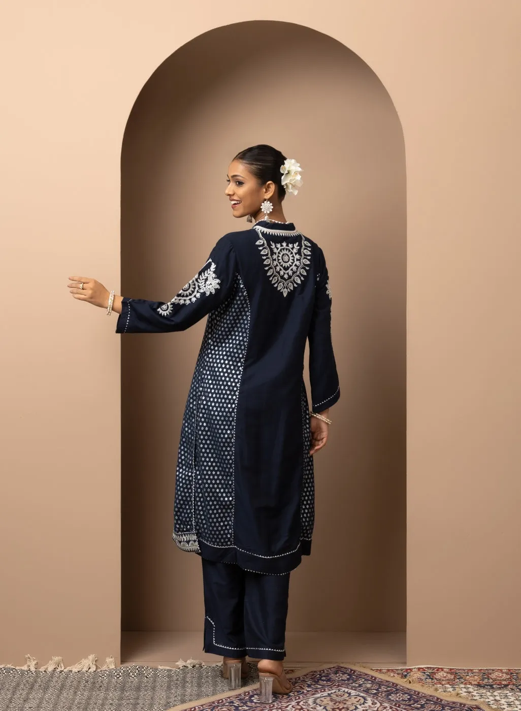 Dark Blue Embroidered Chanderi Kurta Set with Gota Lace Detailing