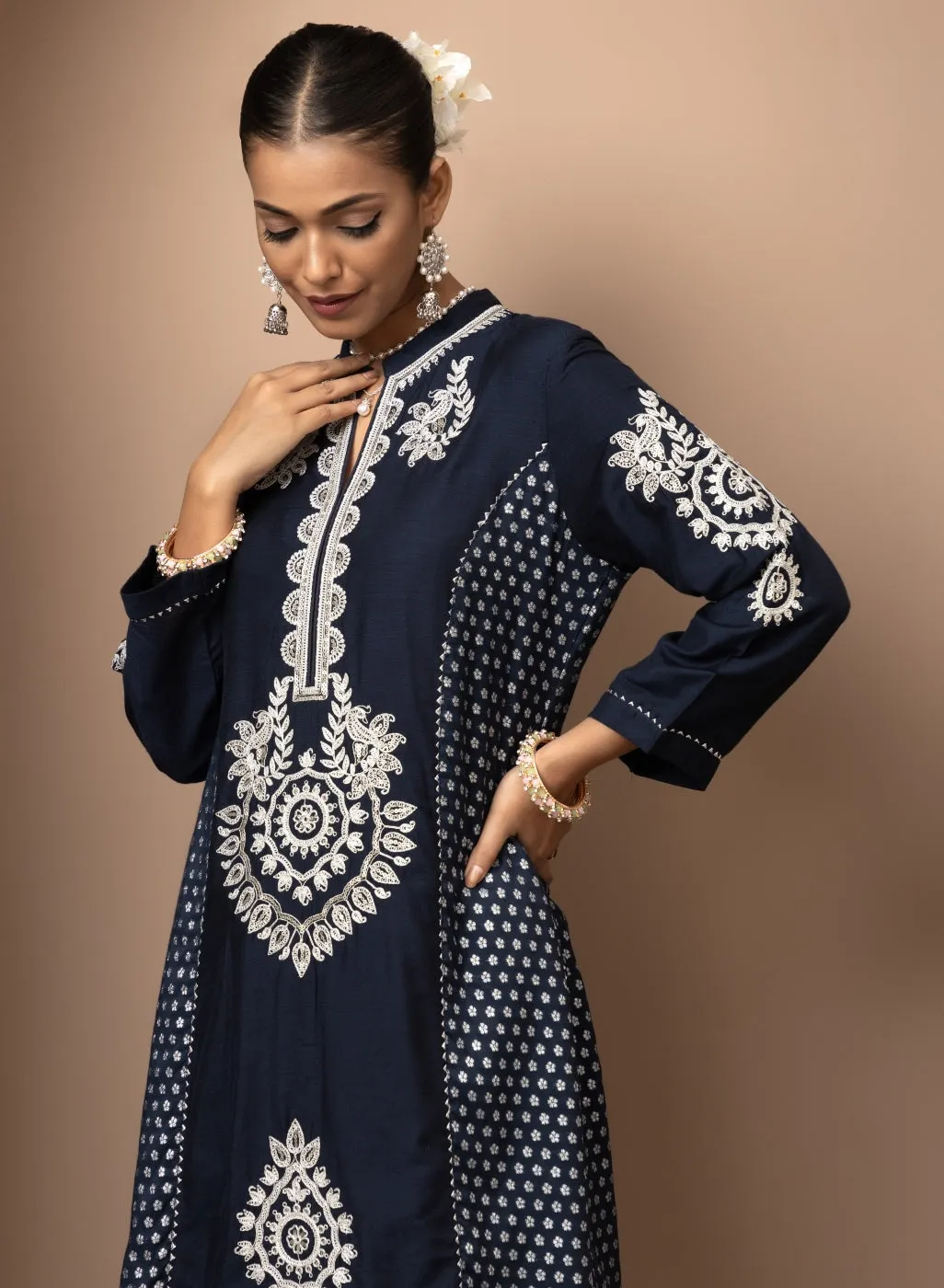 Dark Blue Embroidered Chanderi Kurta Set with Gota Lace Detailing