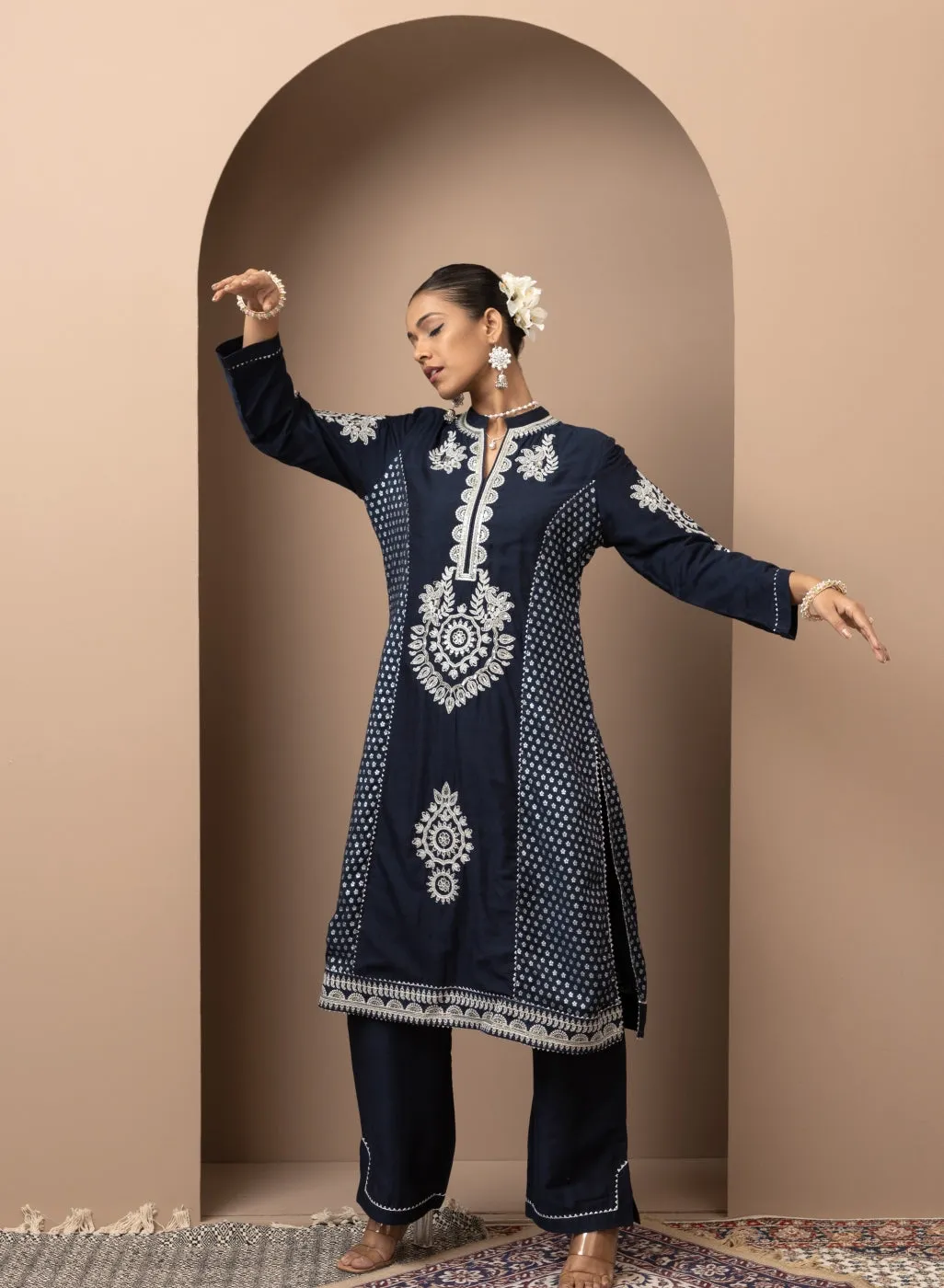 Dark Blue Embroidered Chanderi Kurta Set with Gota Lace Detailing