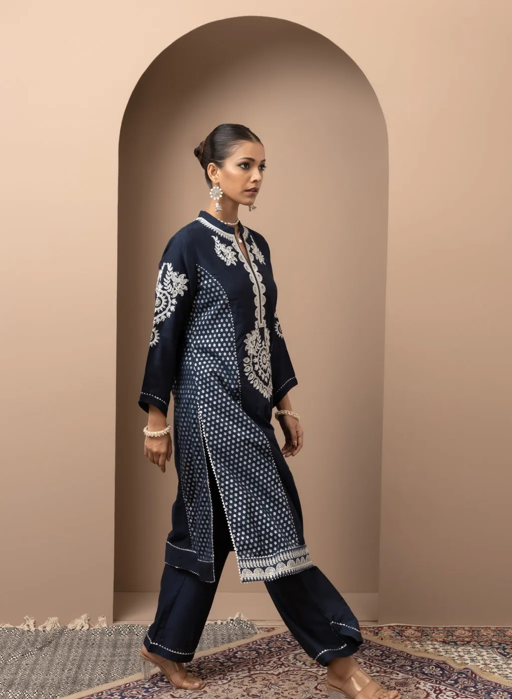 Dark Blue Embroidered Chanderi Kurta Set with Gota Lace Detailing