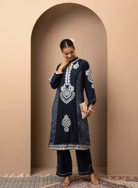 Dark Blue Embroidered Chanderi Kurta Set with Gota Lace Detailing