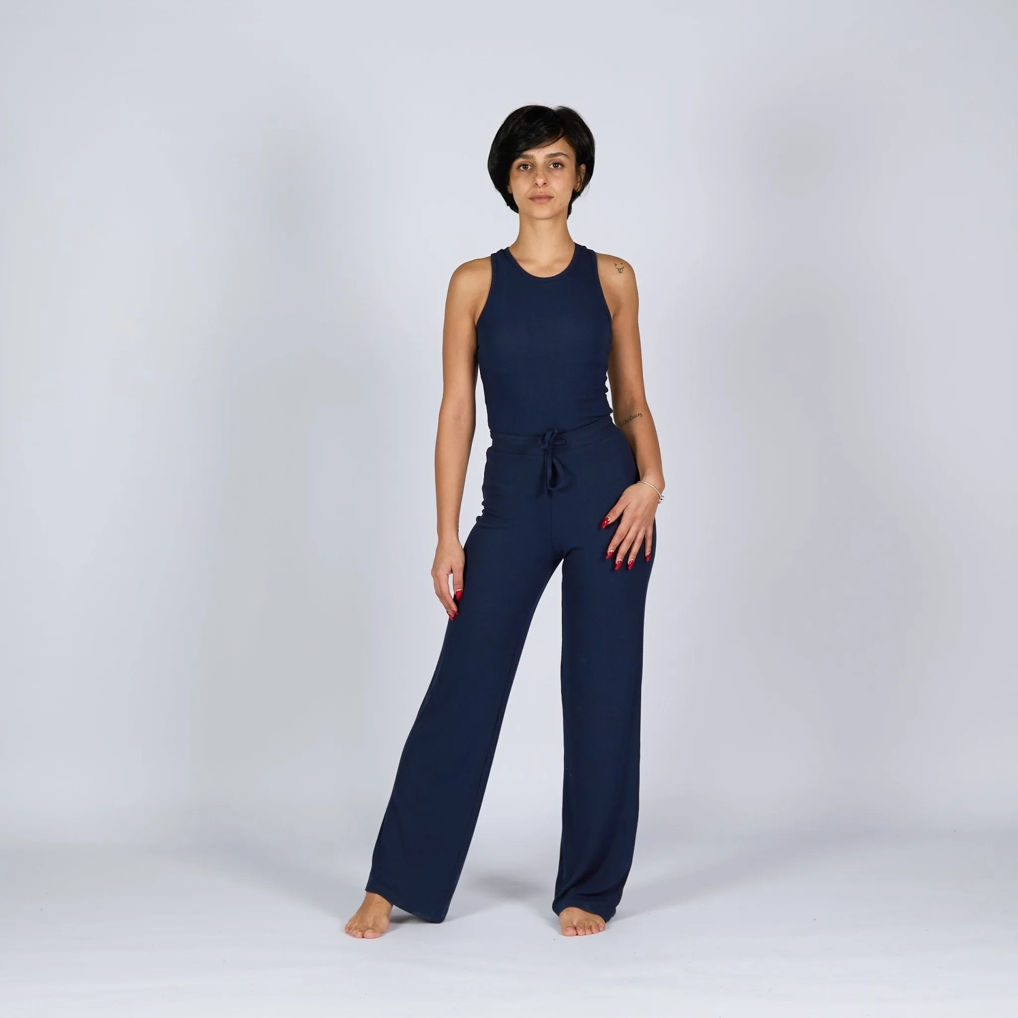 Dark Navy | Women Ribbed Wide Leg Lounge Pants