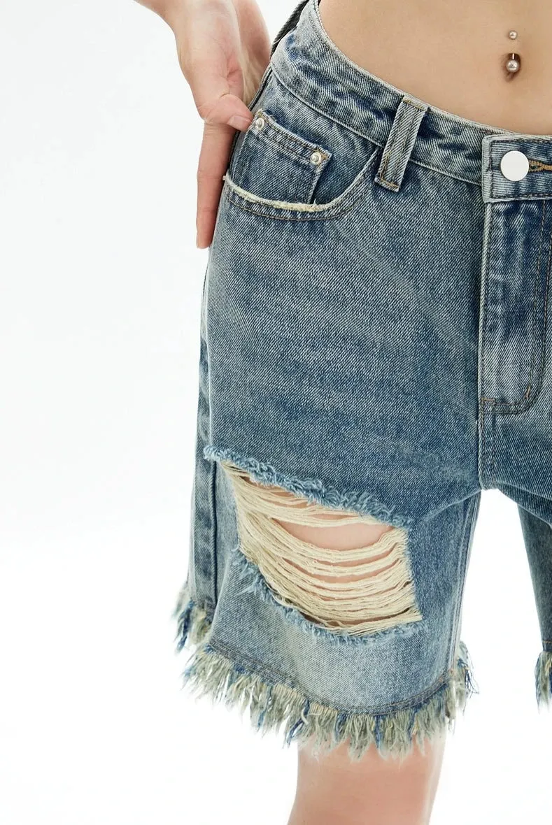 Distressed Denim Bermuda Shorts with Frayed Hem