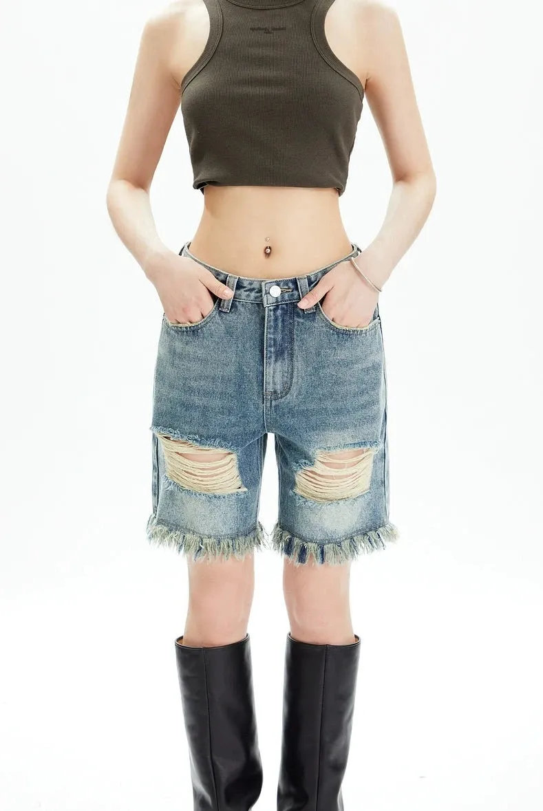 Distressed Denim Bermuda Shorts with Frayed Hem